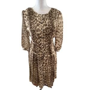 Talbots Silk Chiffon Pleated Long Sleeve Dress Brown Animal Print 6
